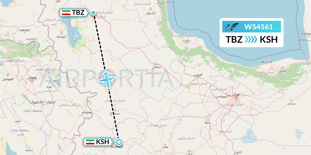 W54561 Mahan Air Flight Map: Tabriz to Kermanshah