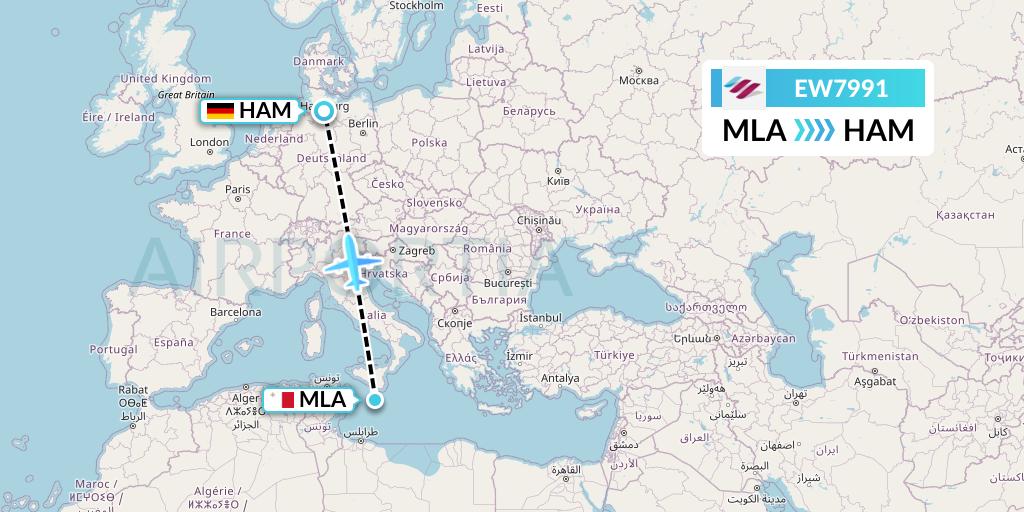 EW7991 Eurowings Flight Map: Malta to Hamburg