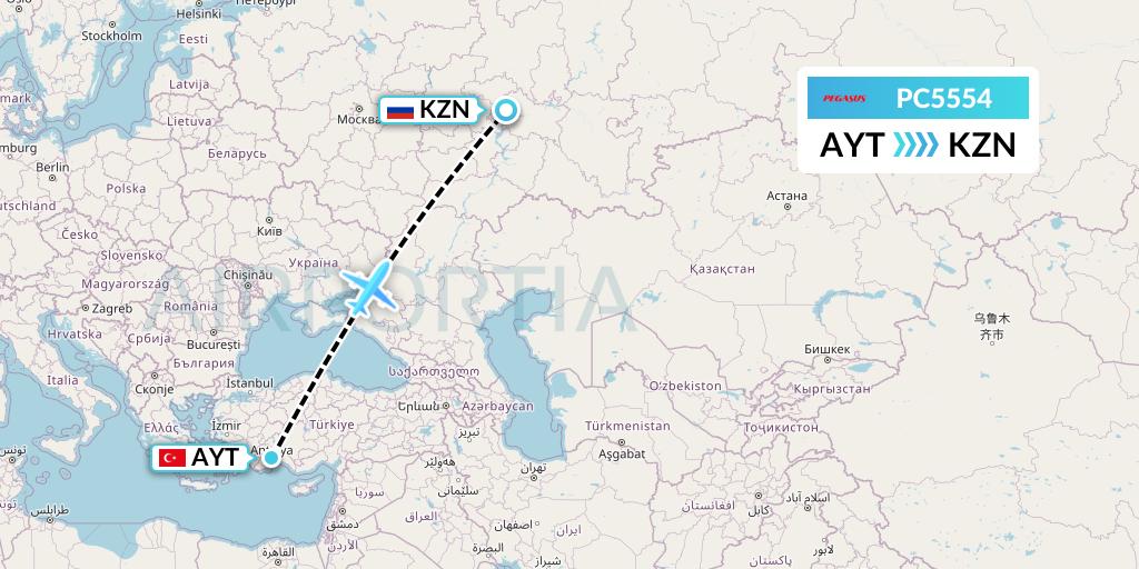 PC5554 Pegasus Airlines Flight Map: Antalya to Kazan