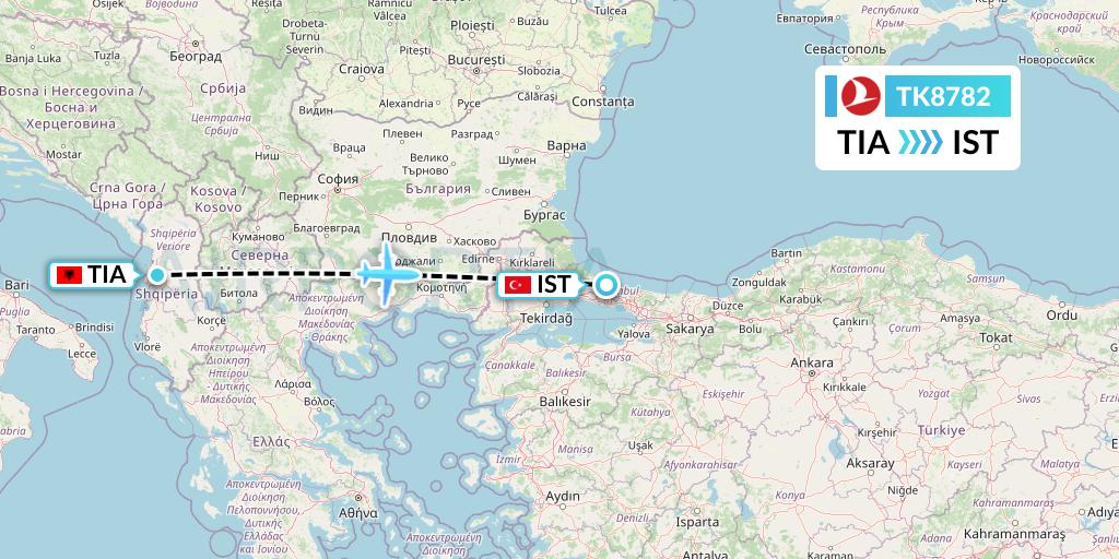 TK8782 Turkish Airlines Flight Map: Tirana to Istanbul