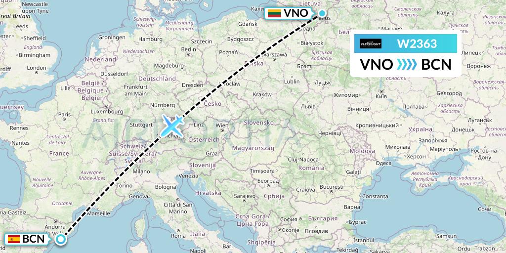 W2363 Flex Flight Flight Map: Vilnius to Barcelona