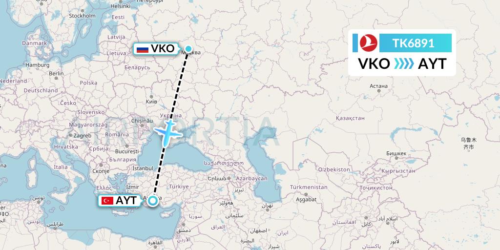 TK6891 Turkish Airlines Flight Map: Moscow to Antalya