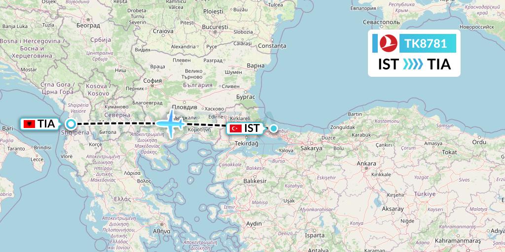 TK8781 Turkish Airlines Flight Map: Istanbul to Tirana