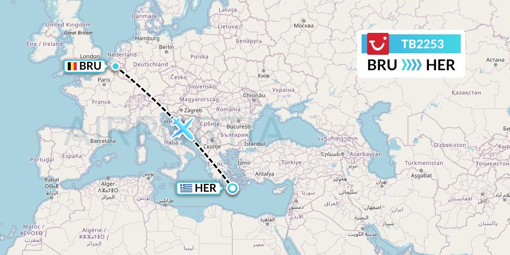 TB2253 TUI fly Belgium Flight Map: Brussels to Heraklion