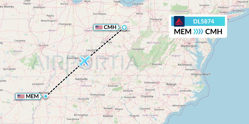 DL5874 Delta Air Lines Flight Map: Memphis to Columbus