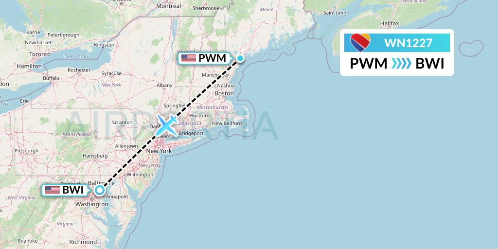 WN1227 Southwest Airlines Flight Map: Portland to Baltimore