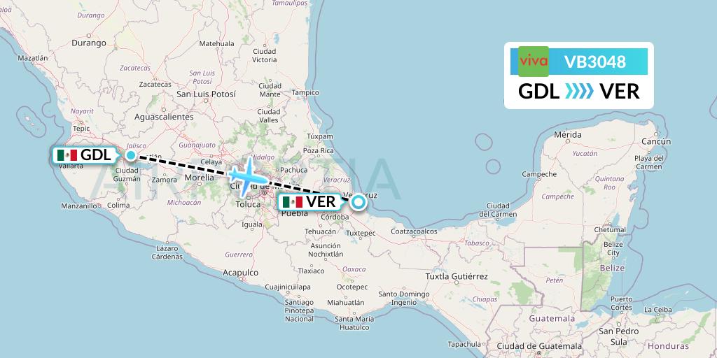 VB3048 VivaAerobus Flight Map: Guadalajara to Veracruz