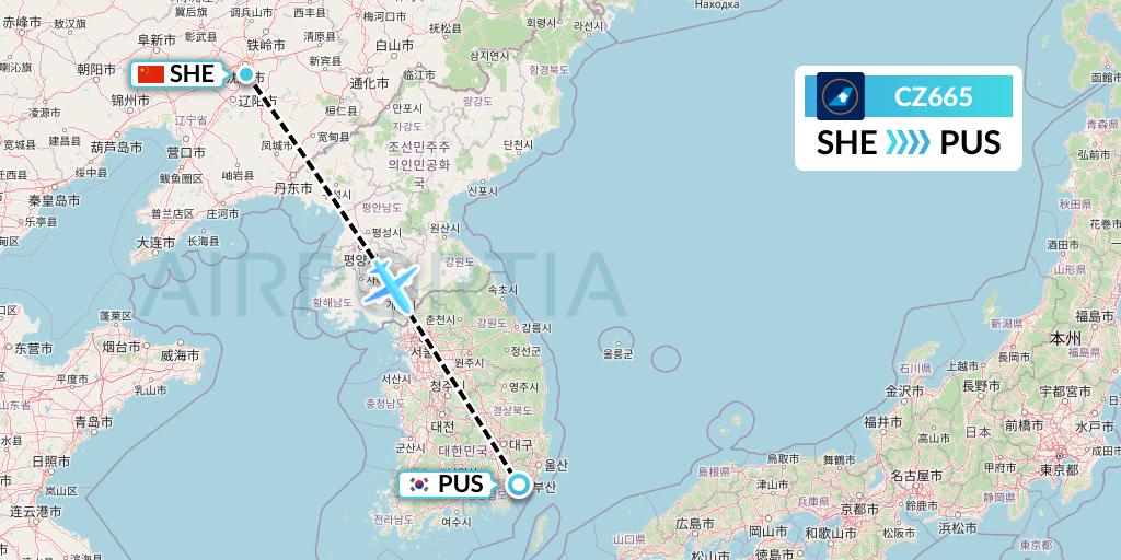 CZ665 China Southern Airlines Flight Map: Shenyang to Busan