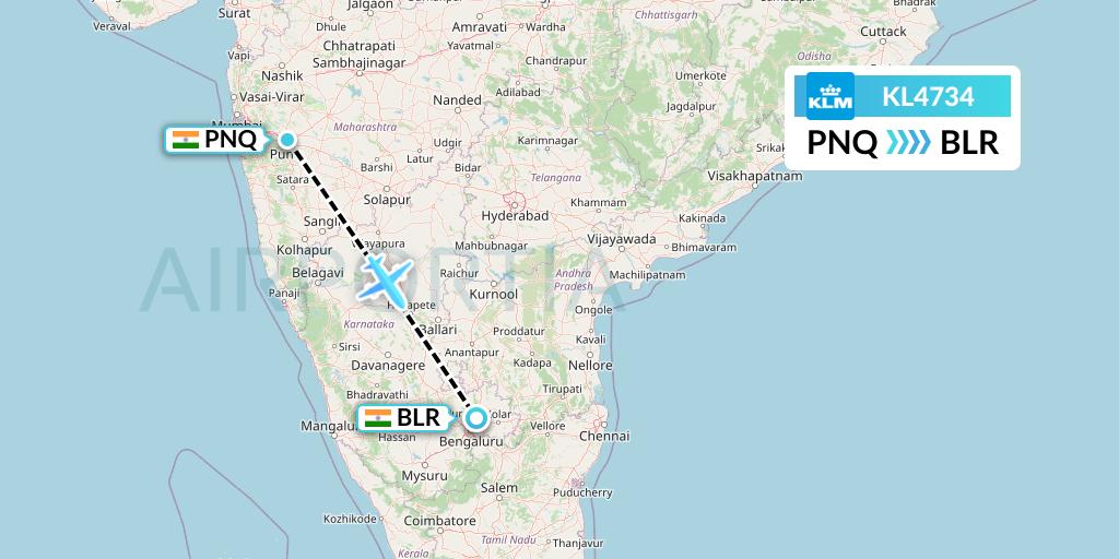 KL4734 KLM Flight Map: Pune to Bangalore