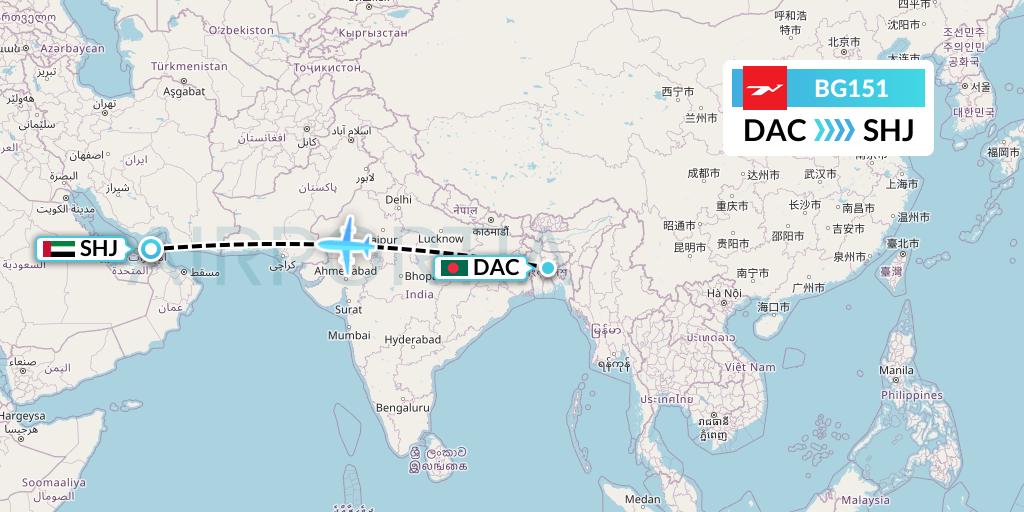 BG151 Biman Bangladesh Airlines Flight Map: Dhaka to Sharjah