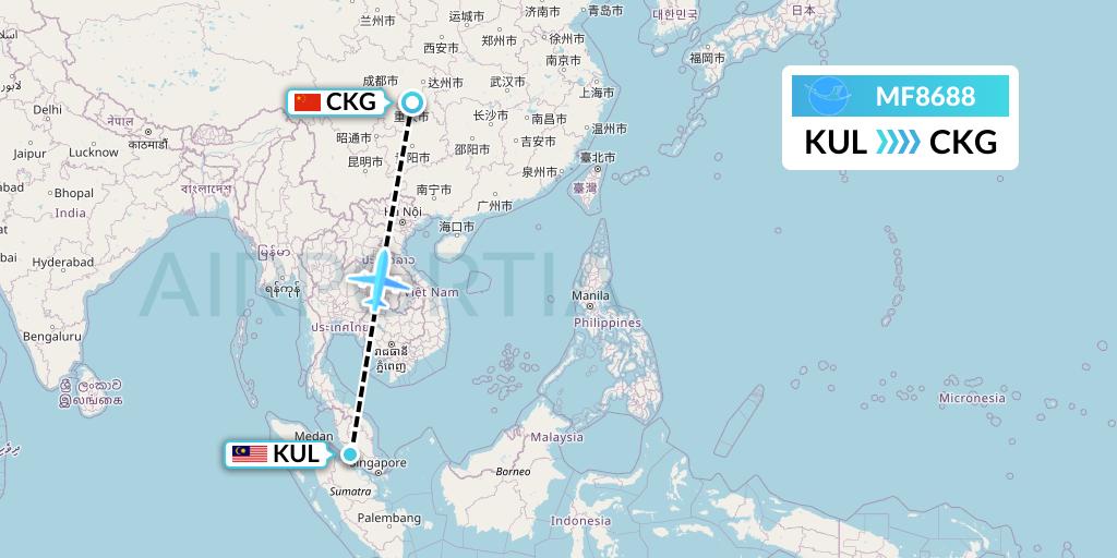MF8688 Xiamen Airlines Flight Map: Kuala Lumpur to Chongqing