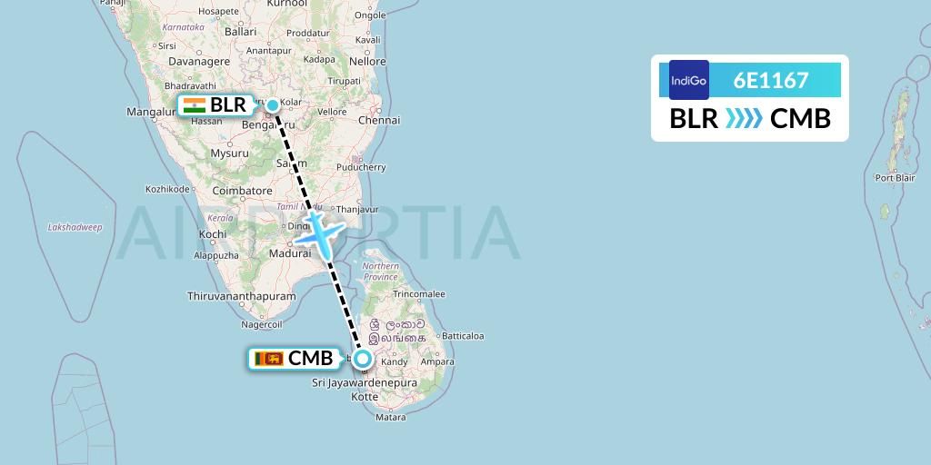 6E1167 IndiGo Airlines Flight Map: Bangalore to Colombo