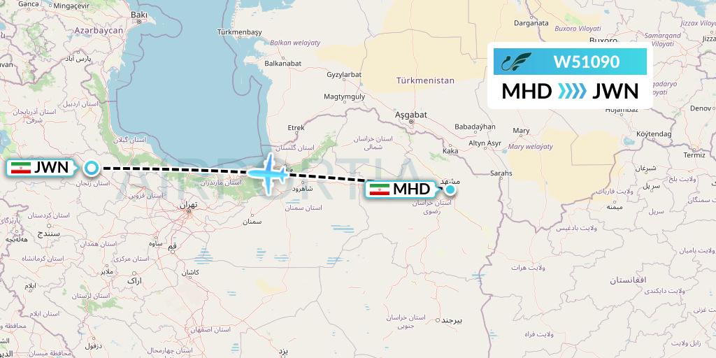 W51090 Mahan Air Flight Map: Mashhad to Zanjan