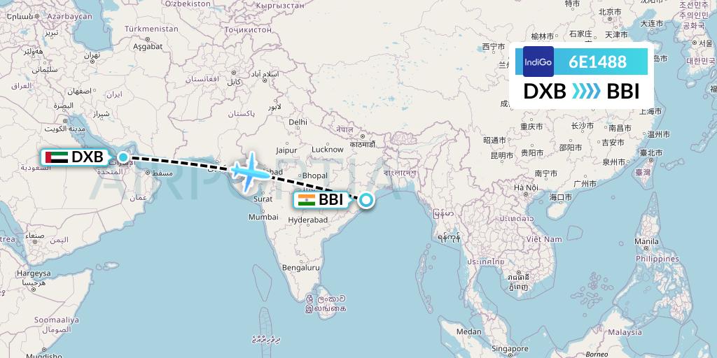 6E1488 IndiGo Airlines Flight Map: Dubai to Bhubaneswar