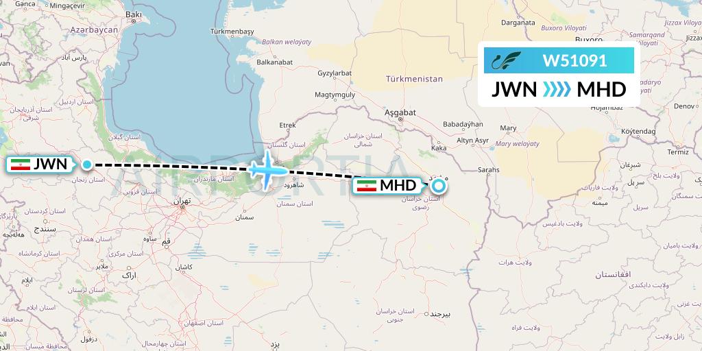 W51091 Mahan Air Flight Map: Zanjan to Mashhad