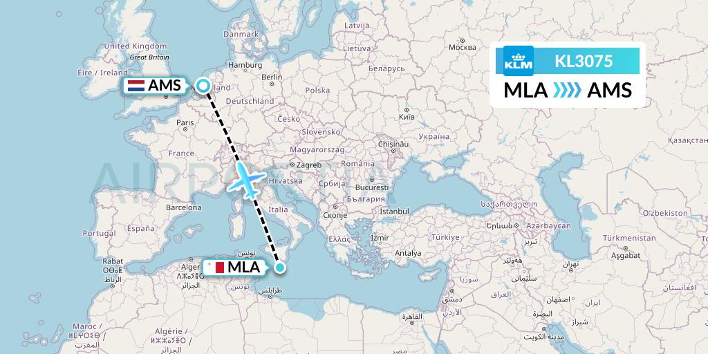 KL3075 KLM Flight Map: Malta to Amsterdam