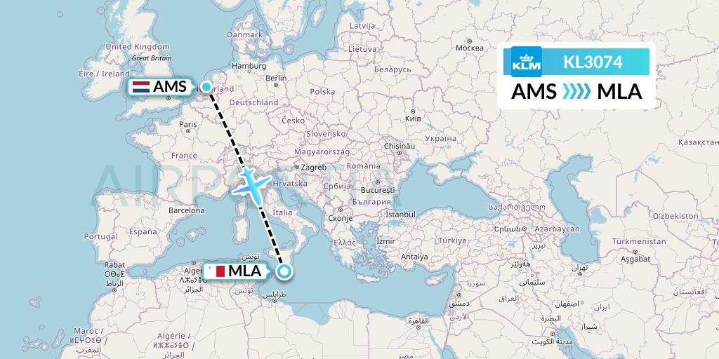 KL3074 KLM Flight Map: Amsterdam to Malta