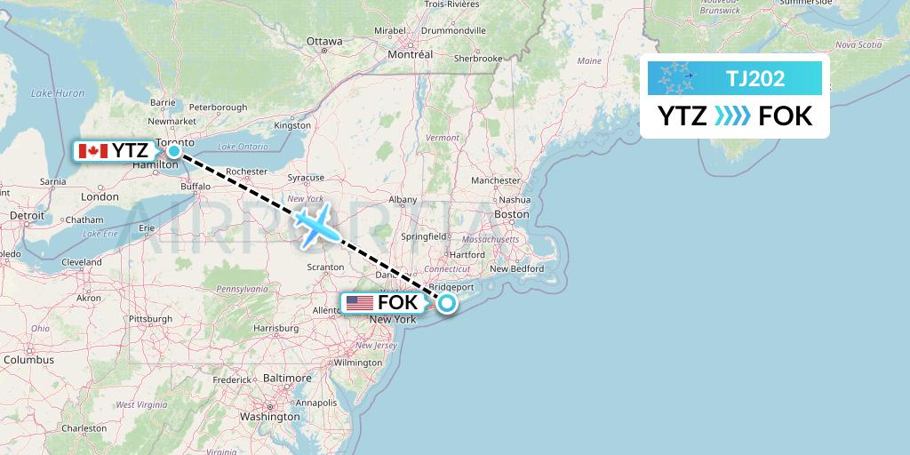 TJ202 Tradewind Aviation Flight Map: Toronto to Westhampton Beach