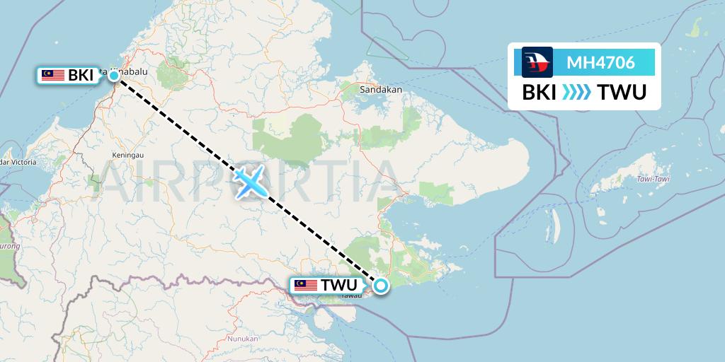 MH4706 Malaysia Airlines Flight Map: Kota Kinabalu to Tawau