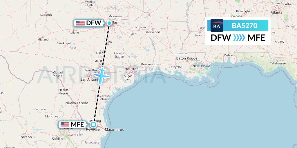 BA5270 British Airways Flight Map: Dallas to McAllen