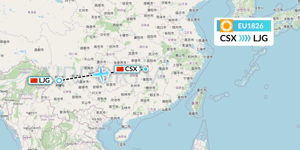 EU1826 Chengdu Airlines Flight Map: Changsha to Lijiang