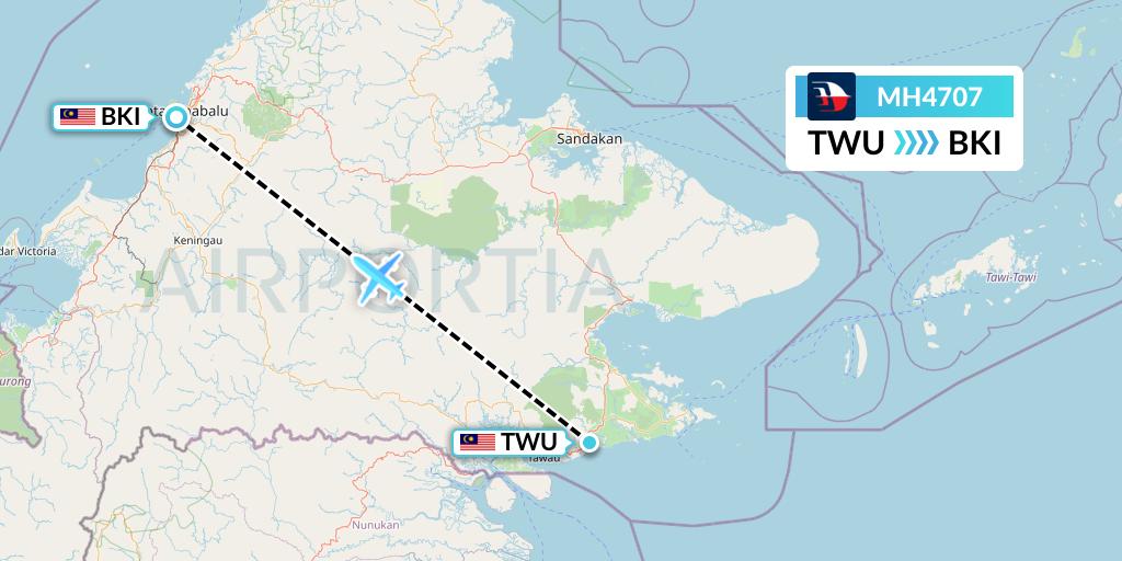 MH4707 Malaysia Airlines Flight Map: Tawau to Kota Kinabalu