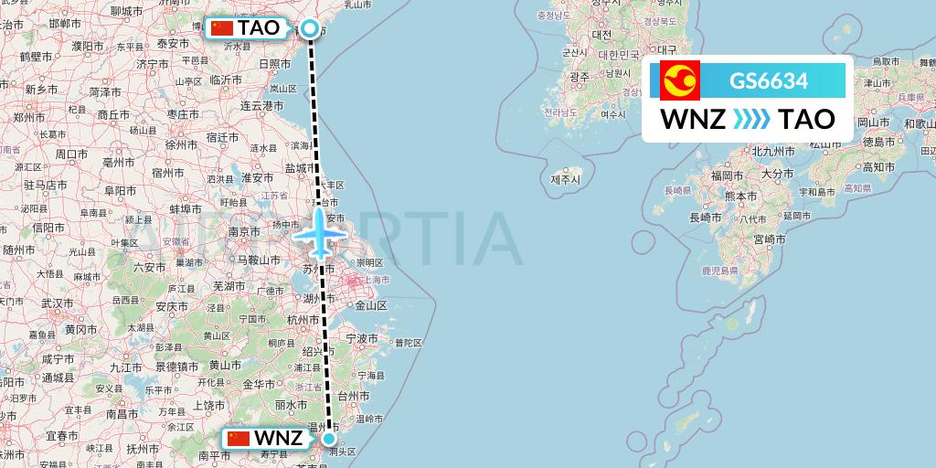 GS6634 Tianjin Airlines Flight Map: Wenzhou to Qingdao