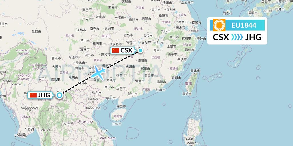 EU1844 Chengdu Airlines Flight Map: Changsha to Jinghong