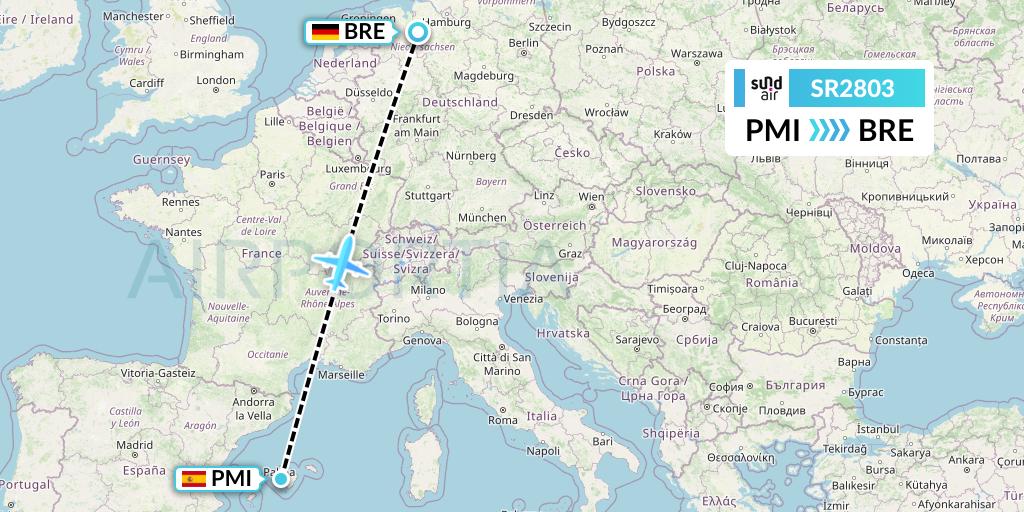 SR2803 SundAir Flight Map: Palma de Mallorca to Bremen