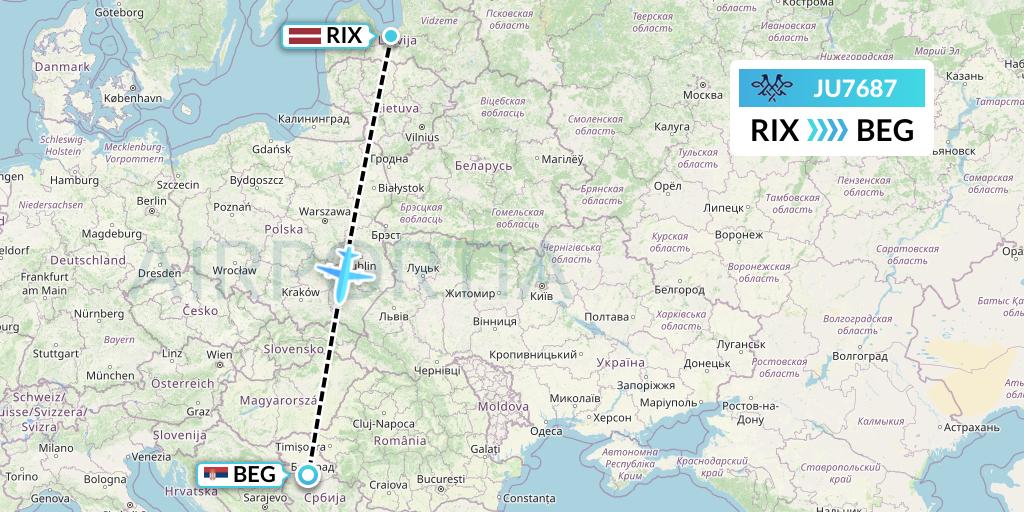 JU7687 AirSERBIA Flight Map: Riga to Belgrade