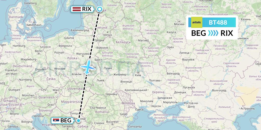 BT488 Air Baltic Flight Map: Belgrade to Riga