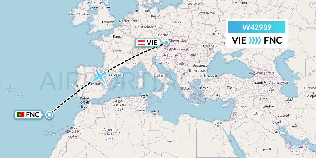 W42989 Wizz Air Malta Flight Map: Vienna to Funchal