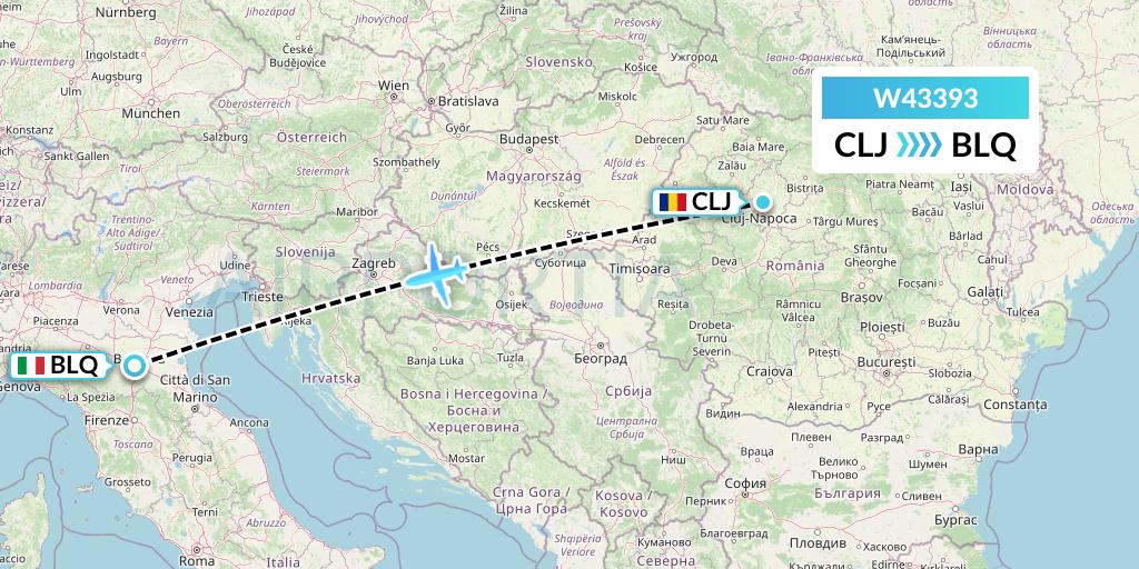W43393 Wizz Air Malta Flight Map: Cluj-Napoca to Bologna