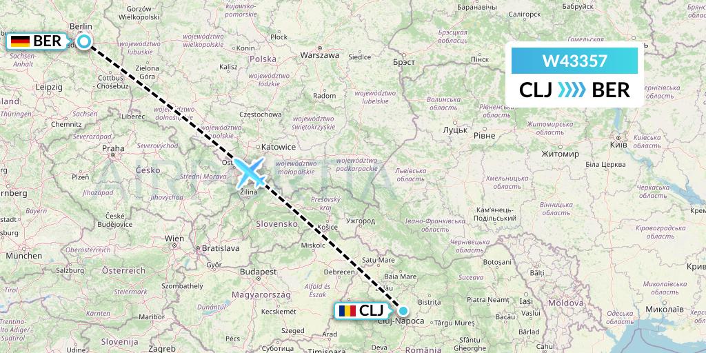 W43357 Wizz Air Malta Flight Map: Cluj-Napoca to Berlin