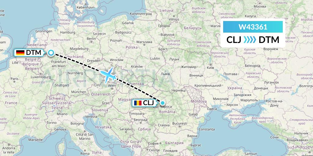 W43361 Wizz Air Malta Flight Map: Cluj-Napoca to Dortmund