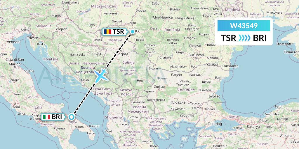 W43549 Wizz Air Malta Flight Map: Timisoara to Bari