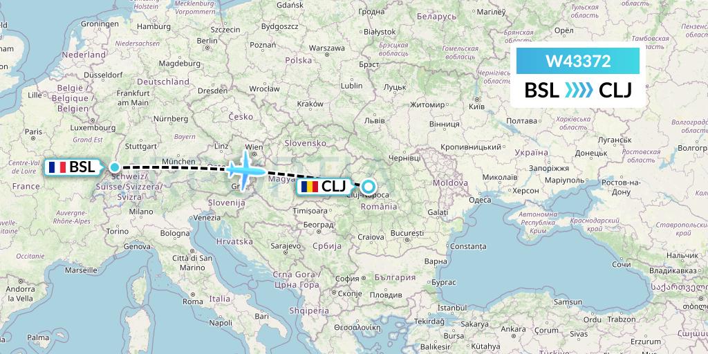 W43372 Wizz Air Malta Flight Map: Basel to Cluj-Napoca