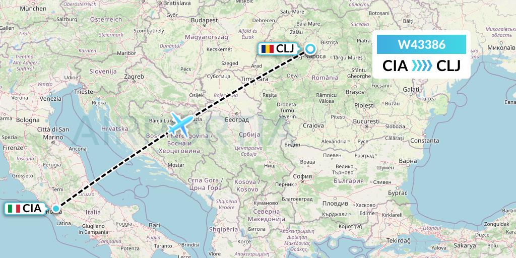 W43386 Wizz Air Malta Flight Map: Rome to Cluj-Napoca