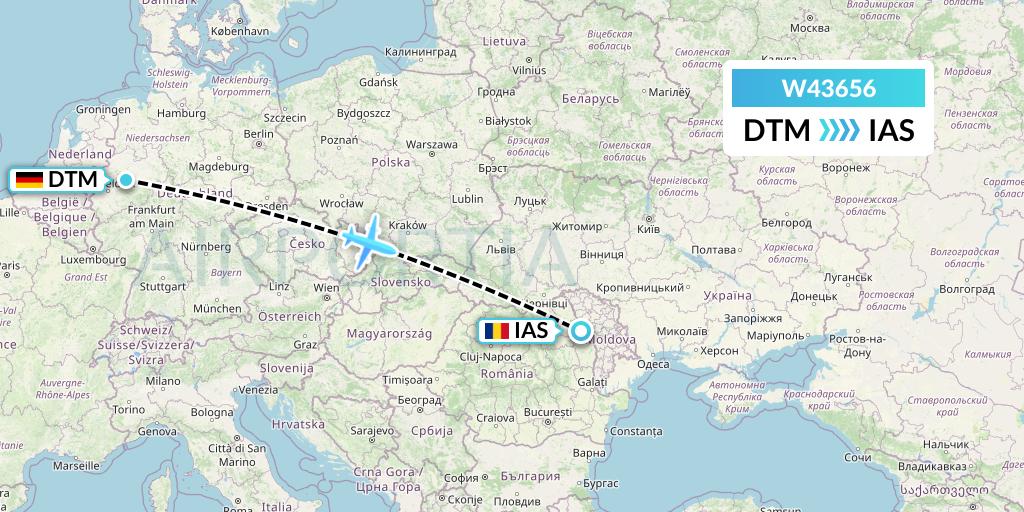 W43656 Wizz Air Malta Flight Map: Dortmund to Iasi