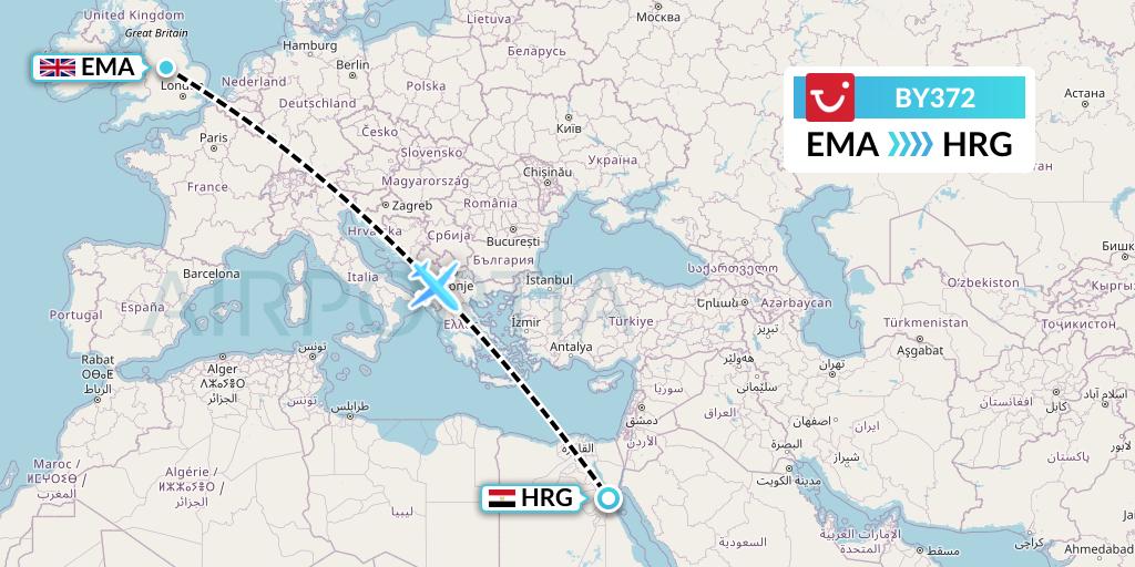 BY372 TUI Airways Flight Map: East Midlands to Hurghada