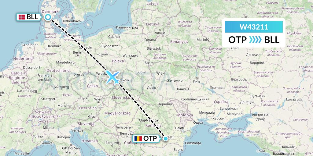 W43211 Wizz Air Malta Flight Map: Bucharest to Billund