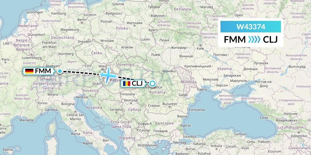 W43374 Wizz Air Malta Flight Map: Memmingen to Cluj-Napoca