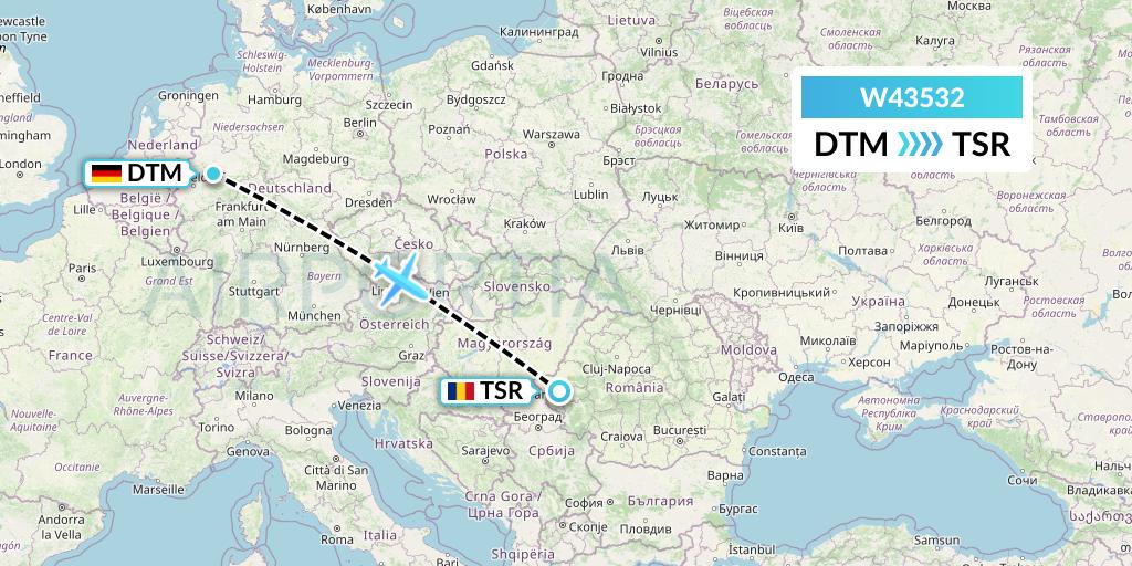 W43532 Wizz Air Malta Flight Map: Dortmund to Timisoara