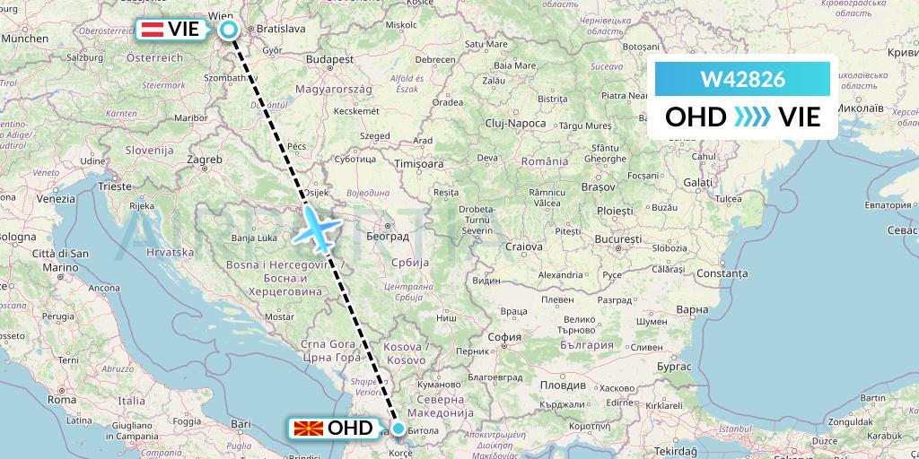 W42826 Wizz Air Malta Flight Map: Ohrid to Vienna