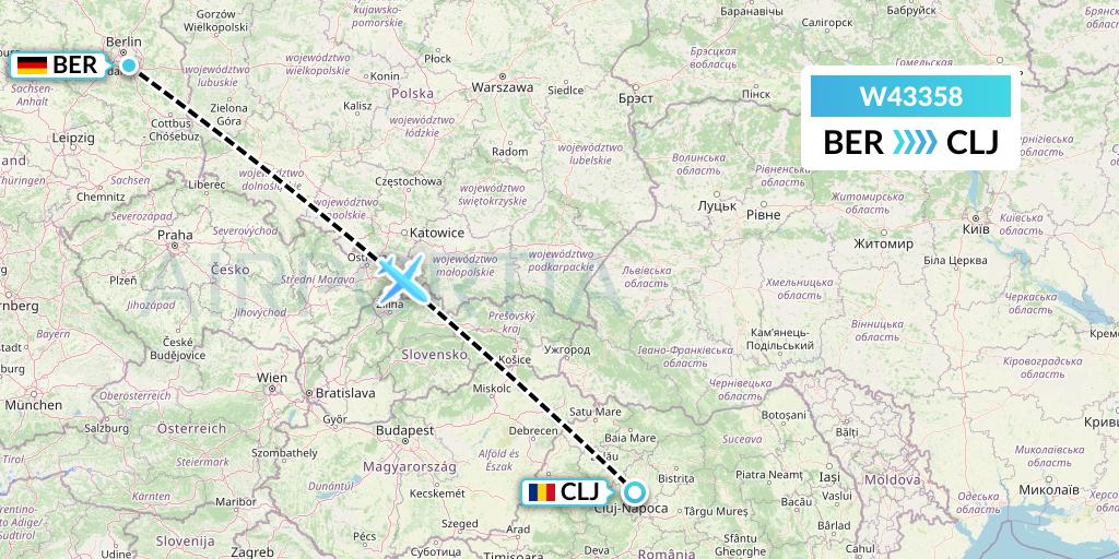 W43358 Wizz Air Malta Flight Map: Berlin to Cluj-Napoca