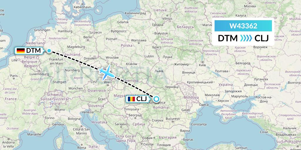 W43362 Wizz Air Malta Flight Map: Dortmund to Cluj-Napoca