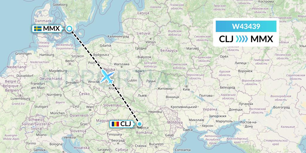 W43439 Wizz Air Malta Flight Map: Cluj-Napoca to Malmo