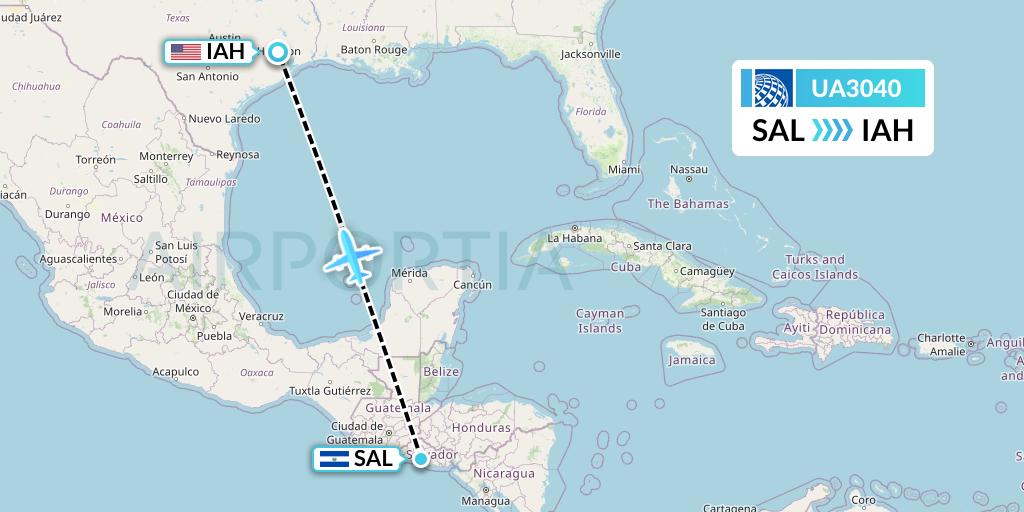 UA3040 United Airlines Flight Map: San Salvador to Houston