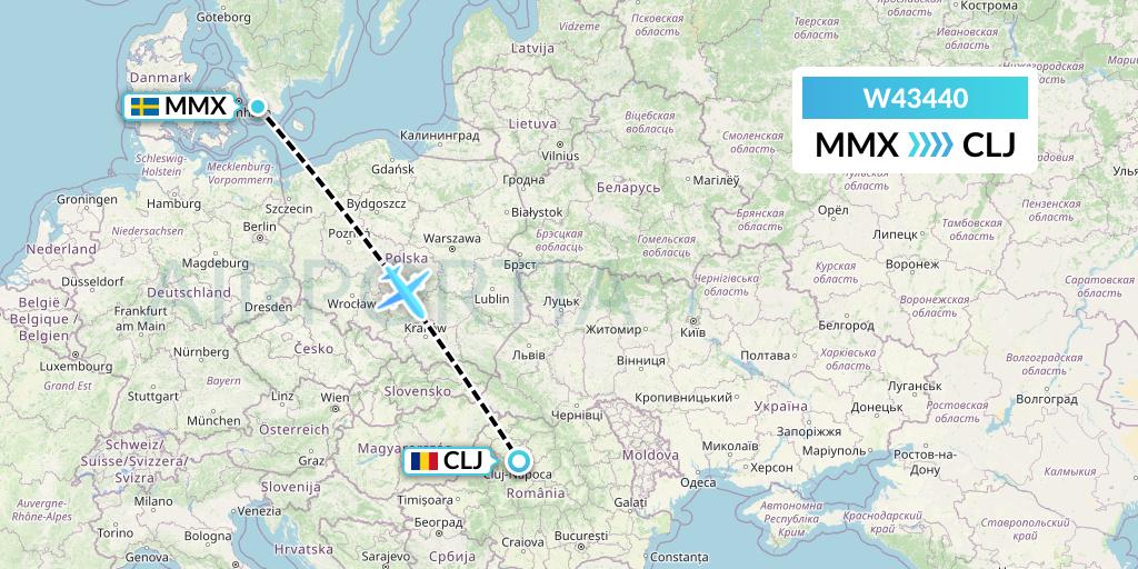 W43440 Wizz Air Malta Flight Map: Malmo to Cluj-Napoca