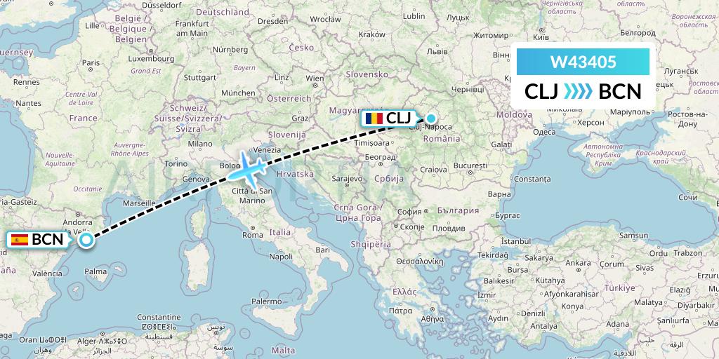 W43405 Wizz Air Malta Flight Map: Cluj-Napoca to Barcelona